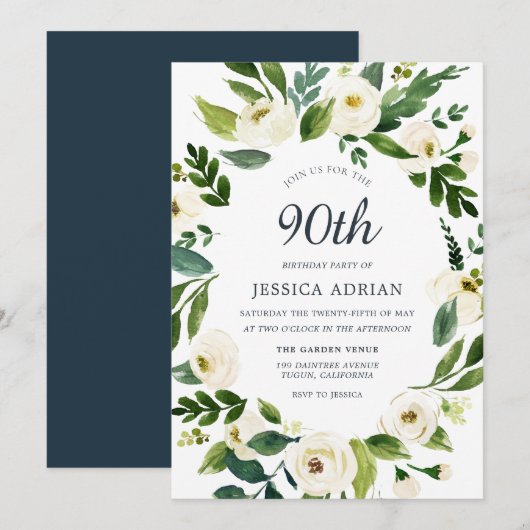 Greenery Botanical Floral 90th Birthday Invite Kaart (Voorkant / Achterkant)