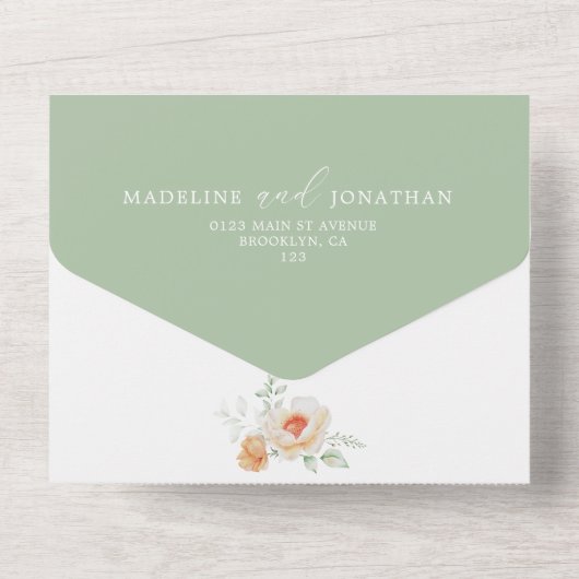 Greenery Botanical Floral Sage Green Peach Wedding All In One Uitnodiging (Achterkant)