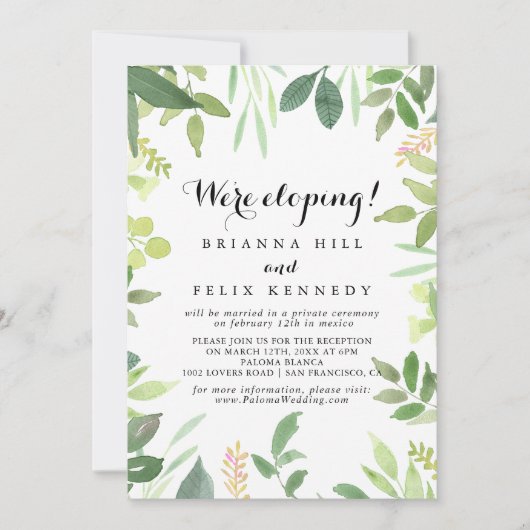 Greenery Botanical Foliage Elopement Reception Kaart (Voorkant)