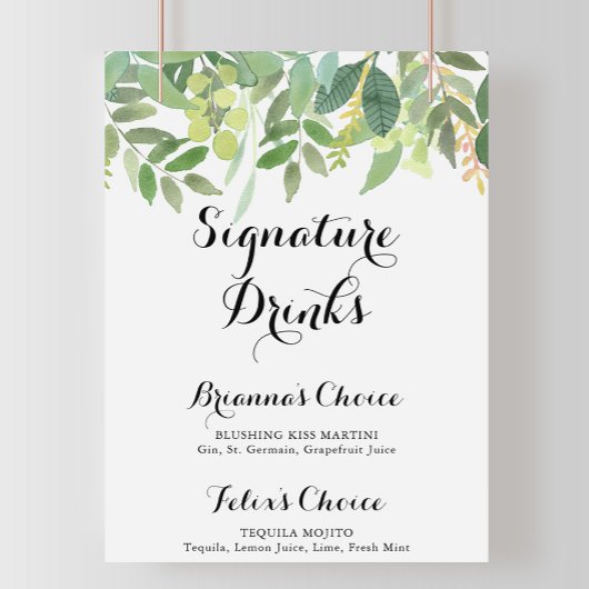 Greenery Botanical Foliage Signature Drink Sign Poster