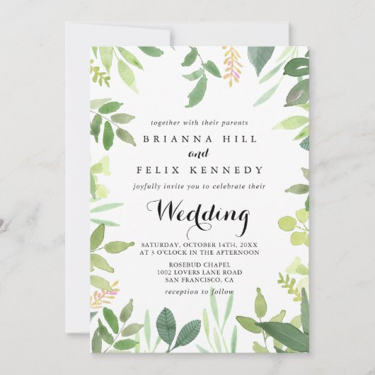 Greenery Botanical Front & Back Wedding Invitation Kaart (Voorkant)