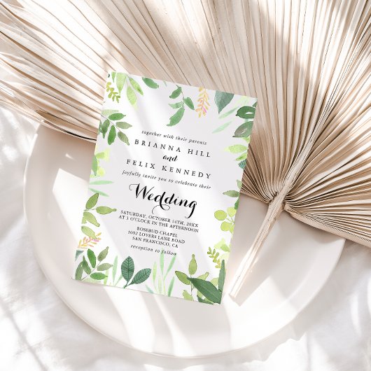 Greenery Botanical Front & Back Wedding Invitation Kaart
