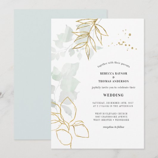 Greenery Botanical Gold Leaf Wedding Kaart (Voorkant / Achterkant)