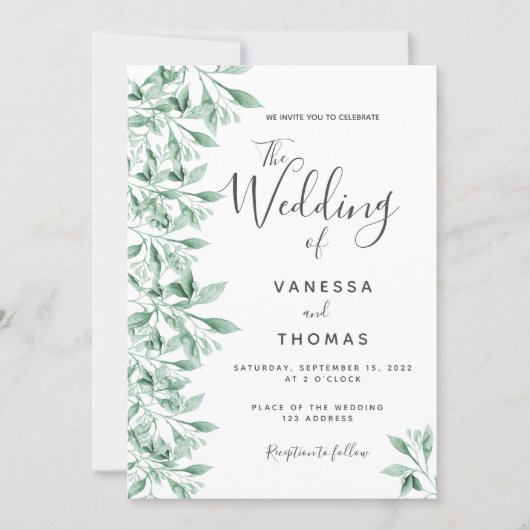 Greenery botanical green white script bruiloft kaart (Voorkant)