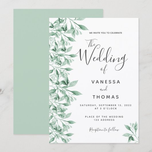 Greenery botanical green white script bruiloft kaart (Voorkant / Achterkant)