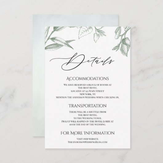 Greenery Botanical Leaves Accommodations Informatiekaartje (Voorkant / Achterkant)