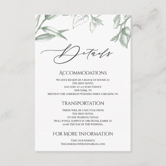 Greenery Botanical Leaves Accommodations Informatiekaartje (Voorkant)