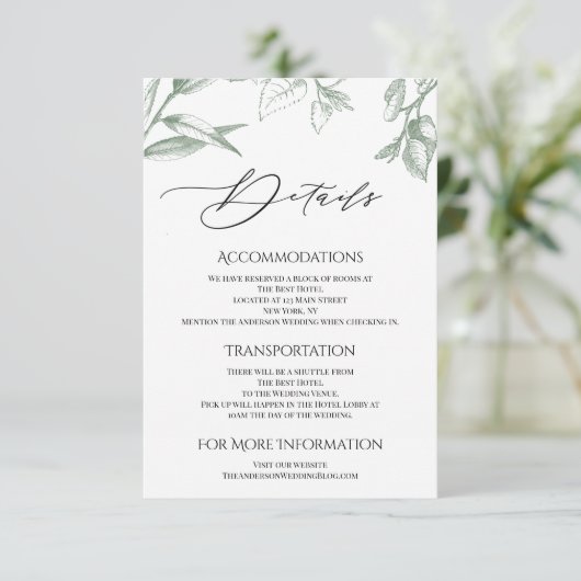 Greenery Botanical Leaves Accommodations Informatiekaartje (Staand voorkant)