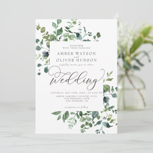 Greenery Botanical Leaves Rustic Woodland Wedding Kaart (Staand voorkant)