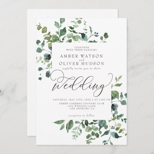 Greenery Botanical Leaves Rustic Woodland Wedding Kaart (Voorkant / Achterkant)