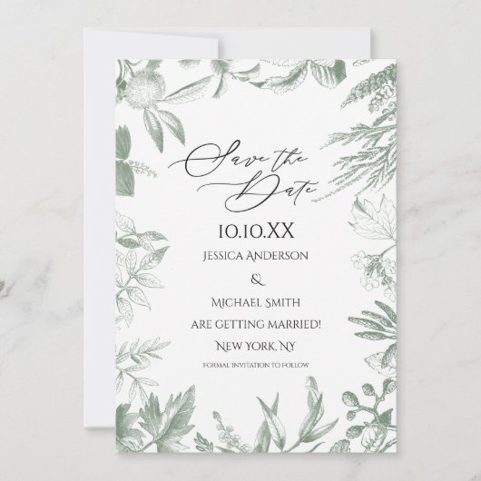 Greenery Botanical Leaves Save the Date Kaart (Voorkant)