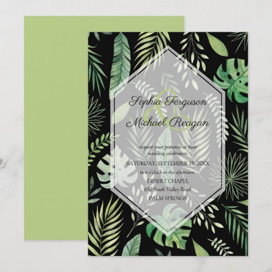 Greenery Botanical op Black Wedding Invitations (Voorkant / Achterkant)