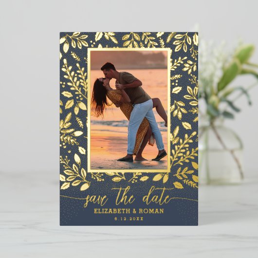 Greenery Botanical Photo Save the Date Folie Uitnodiging (Staand Voorkant)