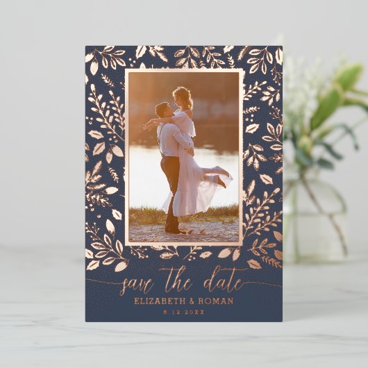 Greenery Botanical Photo Save the Date Folie Uitnodiging (Staand Voorkant)