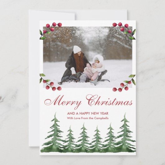 Greenery Botanical Pine Trees Sneeuwkerstfoto Feestdagenkaart (Voorkant)