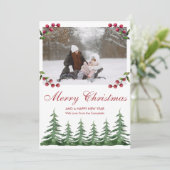 Greenery Botanical Pine Trees Sneeuwkerstfoto Feestdagenkaart (Staand voorkant)