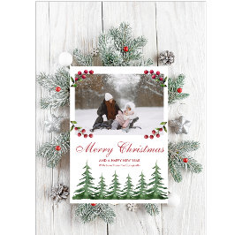 Greenery Botanical Pine Trees Sneeuwkerstfoto Feestdagenkaart