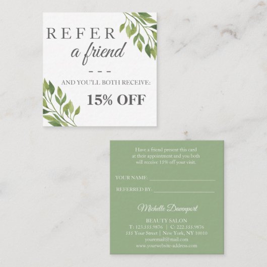 Greenery botanical square elegant referral card (Voorkant / Achterkant)