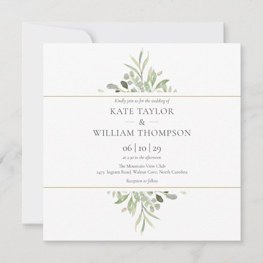 Greenery Botanical Waterverf Foto Wedding Invita Kaart (Voorkant)