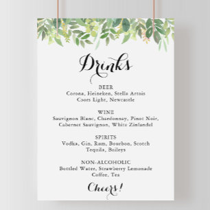 Greenery Botanical Wedding Drink Menu Sign Poster