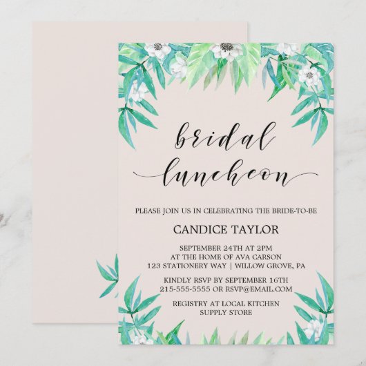 Greenery Botanical Wreath & Flower Bridal Luncheon Kaart (Voorkant / Achterkant)