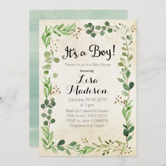 Greenery Boy Baby shower Kaart (Voorkant / Achterkant)