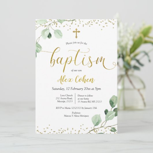 Greenery Boy Baptism Invitation Kaart (Staand voorkant)