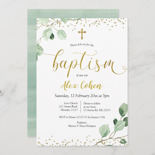 Greenery Boy Baptism Invitation Kaart (Voorkant / Achterkant)