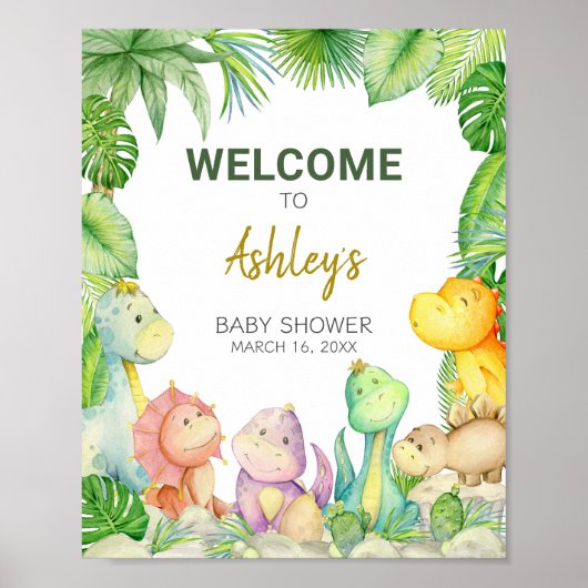 Greenery Boy Dinosaur Baby shower Welkom Poster (Voorkant)