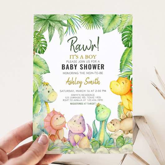 Greenery Boy Dinosaurus Baby shower Kaart