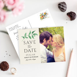 Greenery Branch Wedding Photo Save the Date Cream Aankondigingskaart