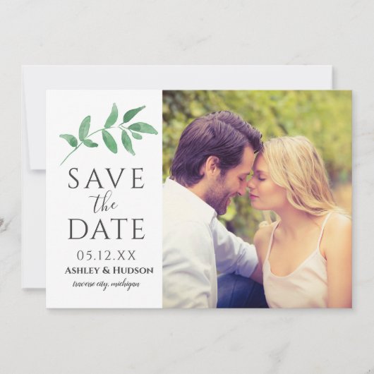 Greenery Branch Wedding White Save The Date (Voorkant)