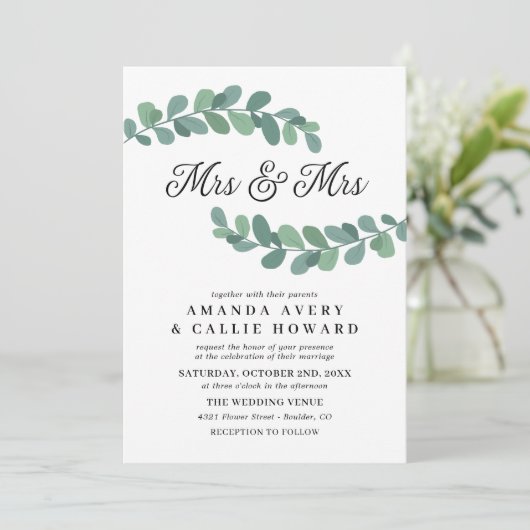 Greenery Branches Mrs. & Mrs Wedding Kaart (Staand voorkant)