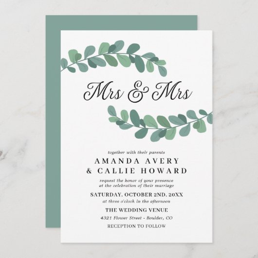 Greenery Branches Mrs. & Mrs Wedding Kaart (Voorkant / Achterkant)