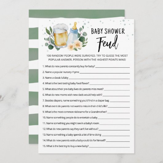 Greenery Brewing Baby shower Feud Game Kaart (Voorkant / Achterkant)