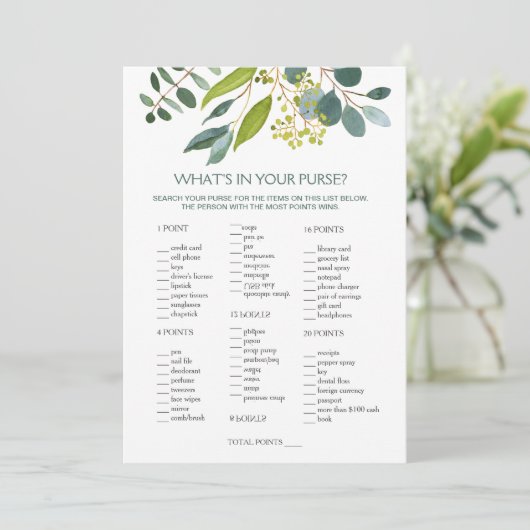 Greenery Bridal Purse game/Wedding Scramble Kaart (Staand voorkant)