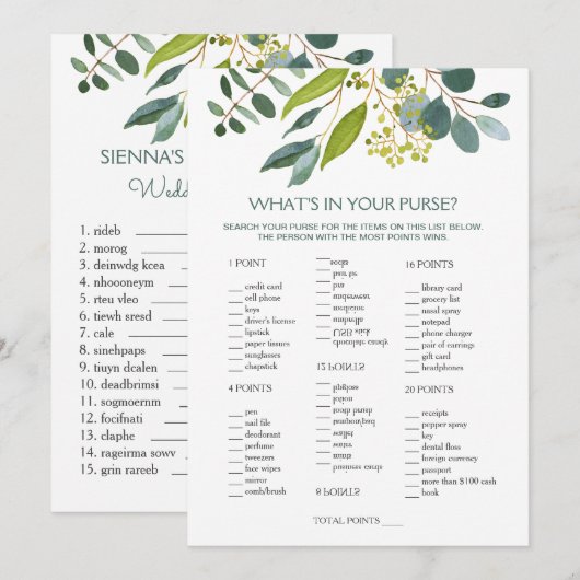 Greenery Bridal Purse game/Wedding Scramble Kaart (Voorkant / Achterkant)