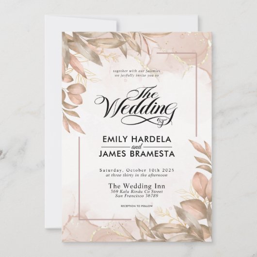 Greenery Brown and Beige Floral Waterverf Wedding Kaart (Voorkant)