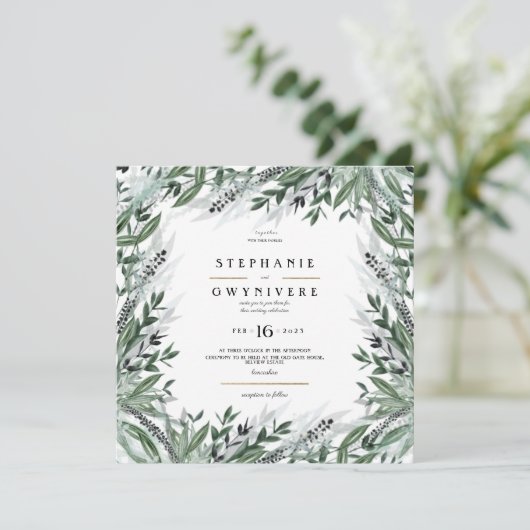 Greenery bruiloft nodigen kaart (Staand voorkant)