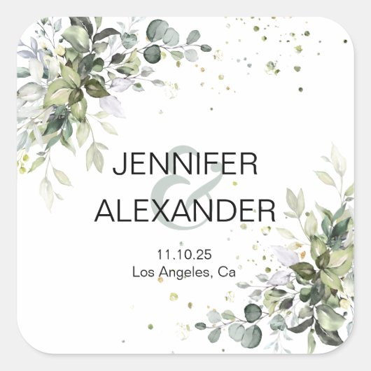 Greenery bruiloft vierkante sticker (Voorkant)