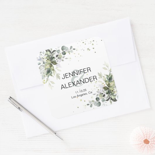 Greenery bruiloft vierkante sticker (Envelop)