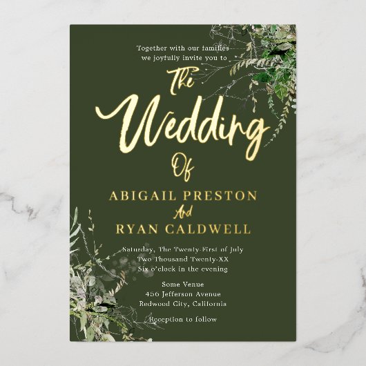 Greenery Brush Kalligrafie bruiloft Folie Uitnodiging (Voorkant)