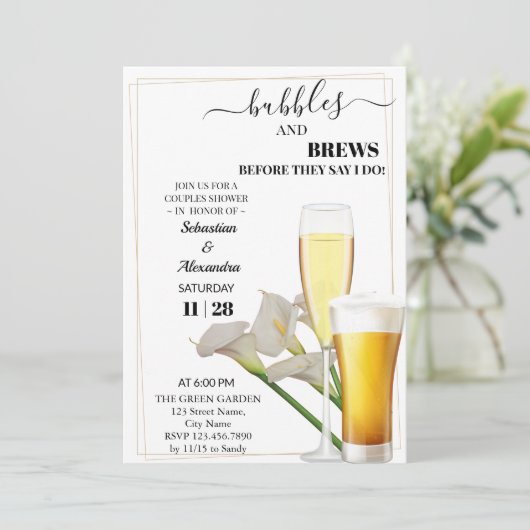 Greenery Bubbles and Brews Couples Douche Uitnodig Kaart (Staand voorkant)