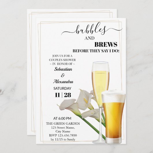 Greenery Bubbles and Brews Couples Douche Uitnodig Kaart (Voorkant / Achterkant)