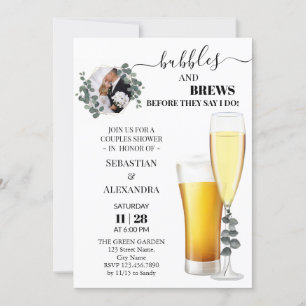 Greenery Bubbles en Brews Couples Shower Invitati Kaart