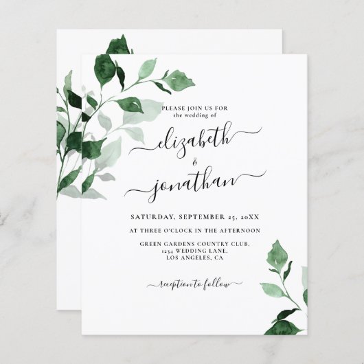 Greenery Budget Foliage Wedding Invitation (Voorkant / Achterkant)