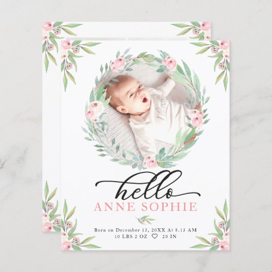 Greenery Budget Geboortedatum Aankondiging Dank u (Voorkant / Achterkant)