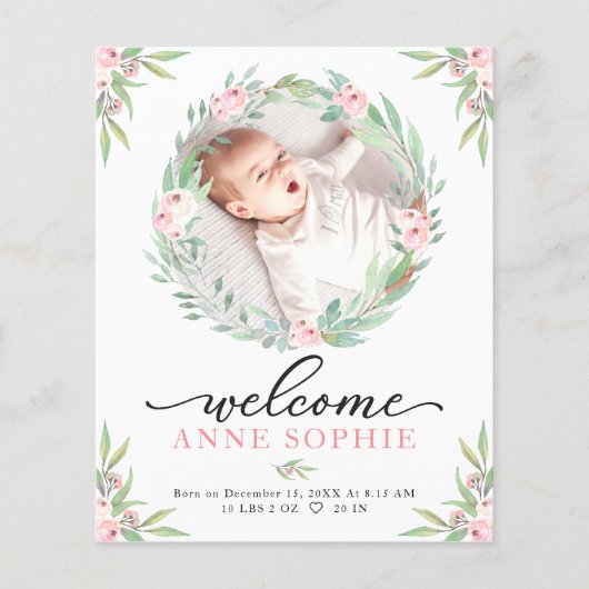 Greenery Budget Geboortedatum Aankondiging Dank u  (Voorkant)