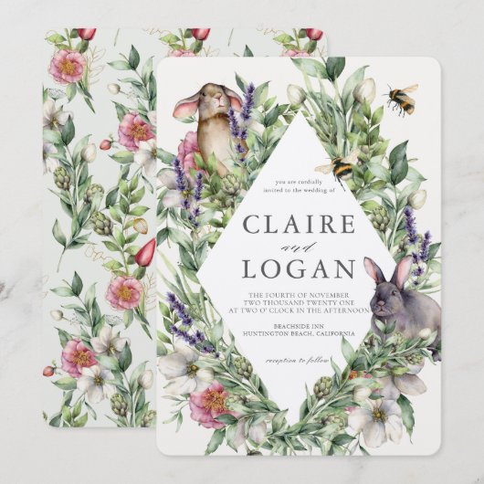Greenery Bunnies Spring Floral Rhombus Wedding Kaart (Voorkant / Achterkant)