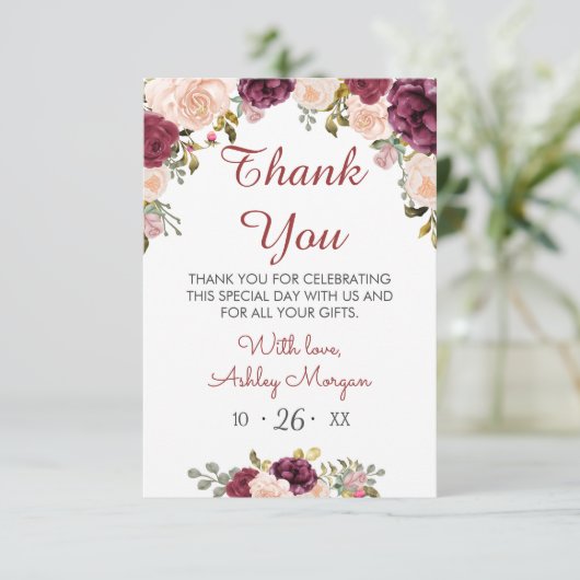 Greenery Burgundy Marsala Red Floral Vrijgezellenf Bedankkaart (Staand voorkant)